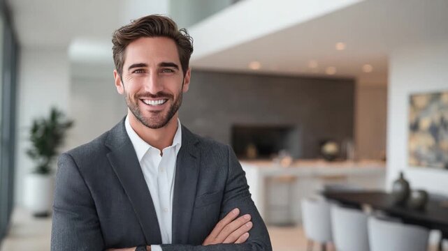 Confident Professional Portrait: A distinguished business professional exudes confidence in a stylish suit, his warm smile hinting at success and approachability in an inviting modern office space.