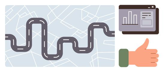 Curvy road over map, chart on screen, hand showing thumbs up. Ideal for navigation, journey planning, analytics, approval, success achievement progress. Simple flat metaphor