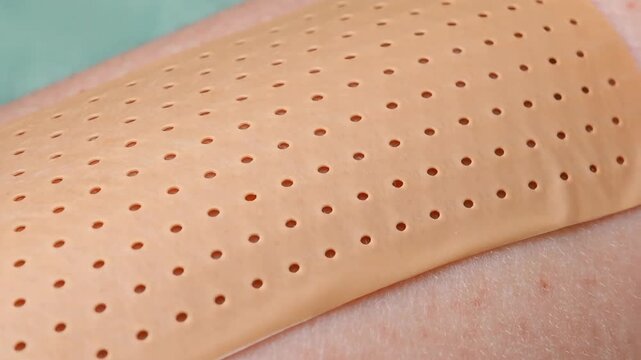 Close-up of a skin-colored medical adhesive bandage with a perforated pattern applied to human skin representing first aid wound care