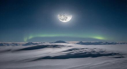 Moonlit Snowy Landscape with Aurora Borealis