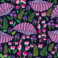seamless pattern featuring a stiff pen shell with lush green branches, pink and soft white leaves, and delicate purple flowers on a deep black background. Good for fabric, textile and wrapping.