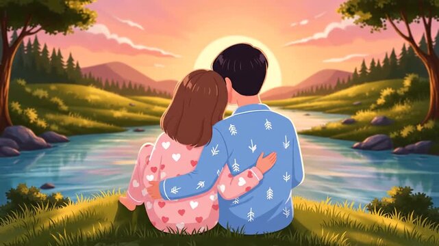 Romantic Couple in Valentine Day Pajamas Embracing by a Serene Lake at Sunset, Celebrating Love and Togetherness in Nature