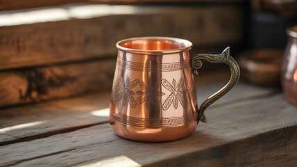 Copper mug with flower details sitting on a rustic wooden surface.