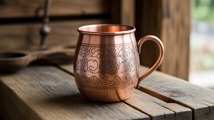 Etched copper mug with handle on aged wood surface by window