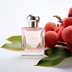 Transparent bottle of perfume with a silver cap on a green leaf background.