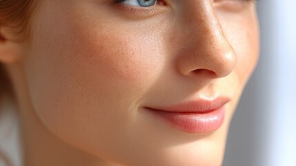 Fototapeta premium Close-Up Portrait of a Beautiful Young Woman with Natural Makeup and Freckles, Soft Light and Engaging Expression