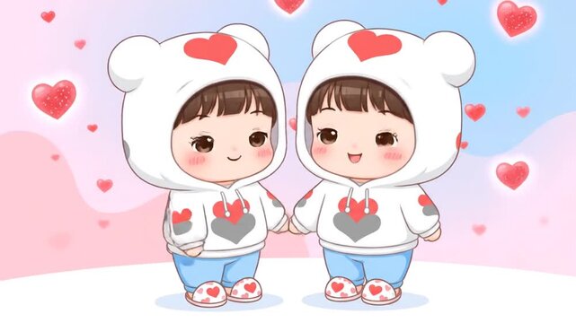 Adorable Couple in Matching Valentine Day Pajamas Holding Hands with Hearts Floating Around for Romantic Celebration