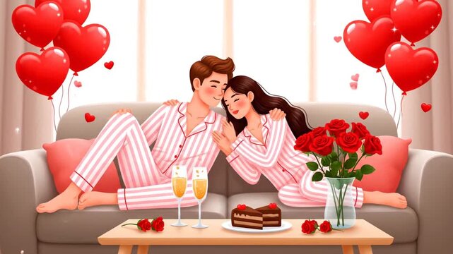 Romantic Couple in Valentine Day Pajamas Celebrating Love on Sofa with Champagne, Roses, and Chocolate Cake, surrounded by Heart Balloons