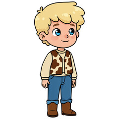 Obraz premium Young Cowboy in Denim: A charming young boy, embodying the spirit of the Wild West, stands ready with a friendly smile, adorned in a cowboy vest, blue jeans, and boots.