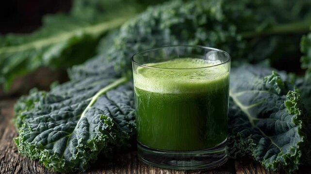 Green Juice Refreshment: A refreshing glass of green juice, brimming with vitality, sits amidst fresh kale leaves, ready to invigorate and nourish.
