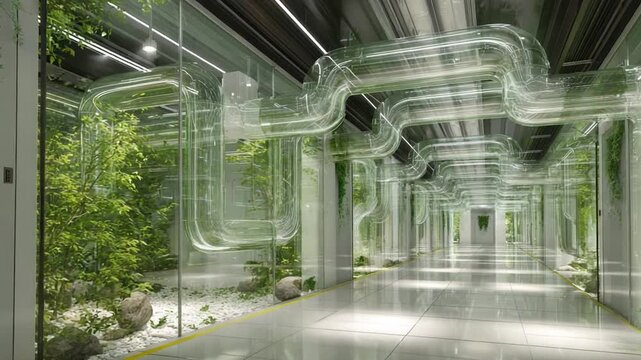 Innovative Corridor: A sleek, modern architectural corridor features an innovative design incorporating elements of nature and futuristic aesthetics.