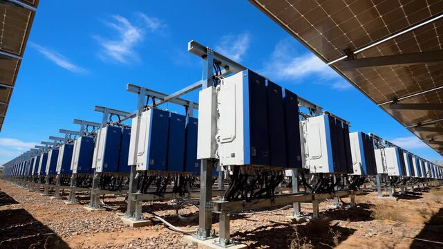 Array of reflective blue solar panels under a bright blue sky, generating clean energy in a desert landscape, low angle view, sunny day.