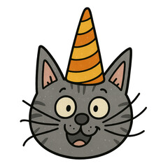 Fototapeta premium Party Cat: This whimsical illustration features a charming grey cat sporting a party hat, its eyes wide with delight. The cat's expression is pure joy.