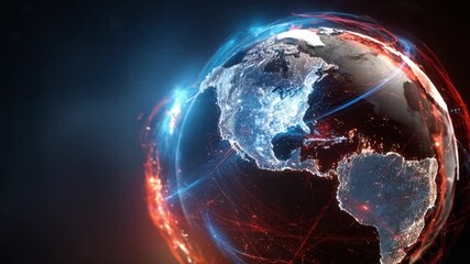 Global Network: A radiant vision of our planet. Glowing network around planet earth, symbolizes global communication and interconnectedness.