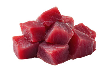 Fresh red tuna chunks stacked on a white background.