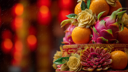 Vibrant Fruit and Flower Arrangement at Balingkang Festival in Indonesia