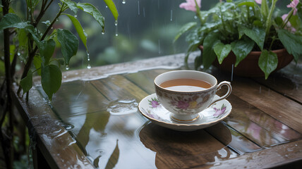 Tea cup on a table in the rain with flowers.