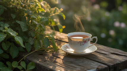 Cup of tea on a wooden table in a beautiful garden.