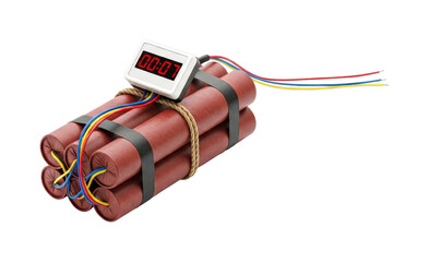 Dynamite bomb with timer counting down to zero, featuring red sticks, colorful wires, and a digital display showing the remaining seconds.