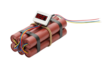 Dynamite bomb with timer counting down to zero, featuring red sticks, colorful wires, and a digital display showing the remaining seconds.