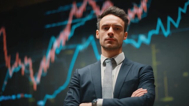 Confident Vision: A sharp business professional exudes confidence with arms crossed in front of a dynamic stock market chart. It symbolizes decisiveness and focus in the fast-paced world of finance