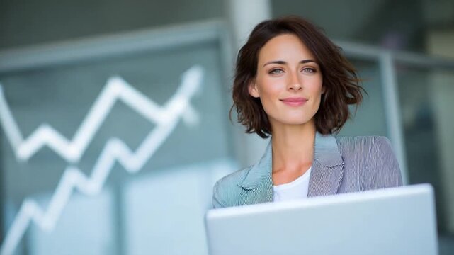 Businesswoman's Confident Demeanor: A poised businesswoman is gazing with confidence towards the future, holding a laptop in hand, the image shows progress graphs reflected.