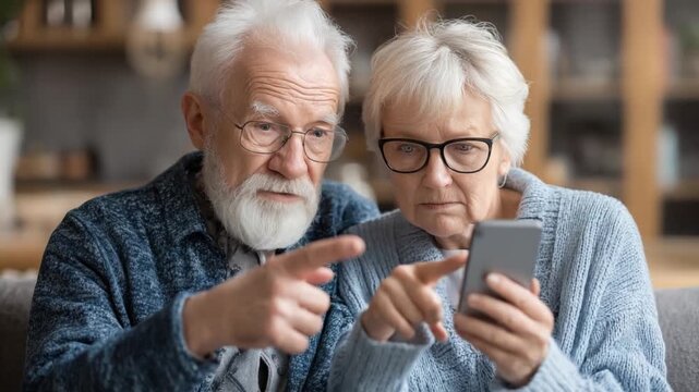 Navigating the Digital World: An elderly couple, their faces etched with curiosity and focus, intently study a smartphone, symbolizing connection, technology, and learning.