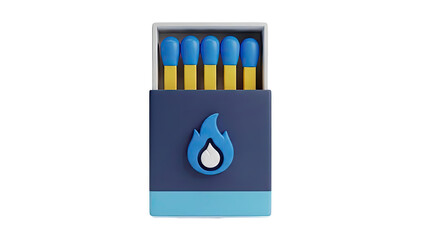 Matchbox with blue and yellow matches and a flame icon
