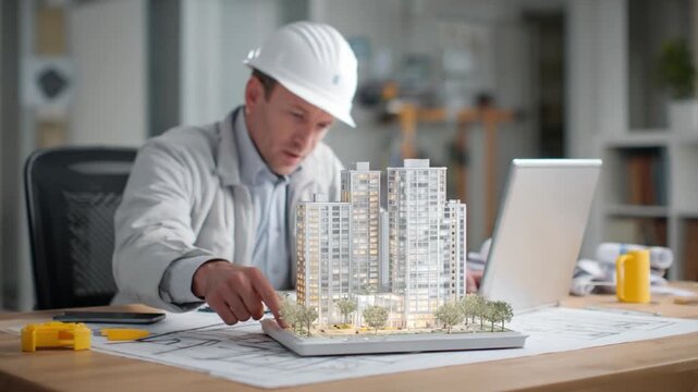 Architectural Design in Progress: An architect, clad in a protective hard hat, meticulously examines a detailed scale model of a modern building, surrounded by blueprints, computer and tools.