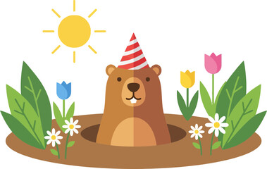 Fototapeta premium Cute Bear Peeking Above Flower Garden with Bright Sun