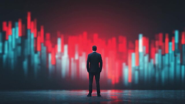 Market Uncertainty: A solitary figure, the epitome of composure, observes a volatile stock market display, navigating the turbulent waters of finance and economics.