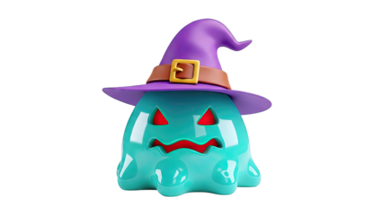 3D Rendered Teal Blob Monster Wearing a Purple Witch Hat