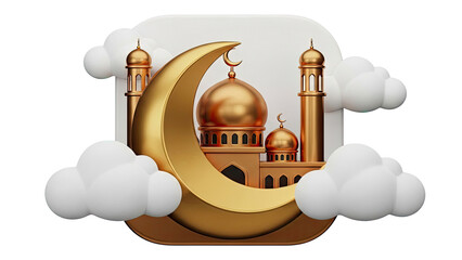 Golden Mosque with Crescent Moon and Clouds