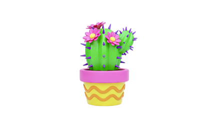 Cartoon Cactus with Pink Flowers in a Potted Plant