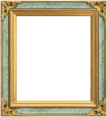 Elegant ornate picture frame with intricate golden details and a light blue finish.