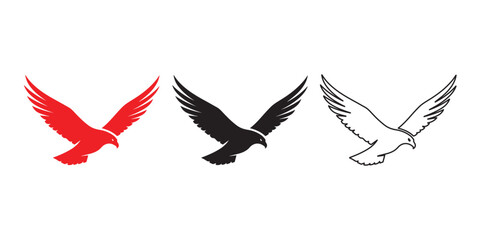 Obraz premium Soaring Eagle Trio: A minimalist set of three soaring eagles in red, black and outline styles, embodying freedom and strength against the canvas.