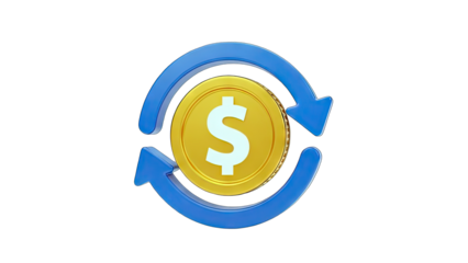 3D Gold coin with dollar sign and circular arrows on transparent background