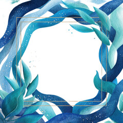 A beautiful watercolor frame with flowing blue waves and green leaves.