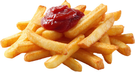 Crispy golden fries topped with a dollop of vibrant ketchup.
