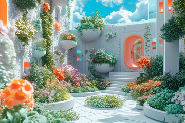 Futuristic outdoor Garden white stone structures and blooming flower resembling fantasy landscape. Creating futuristic garden. 