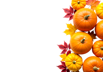 Bright orange pumpkins and vibrant autumn leaves beautifully frame the right side, celebrating the rich colors of the fall harvest season.