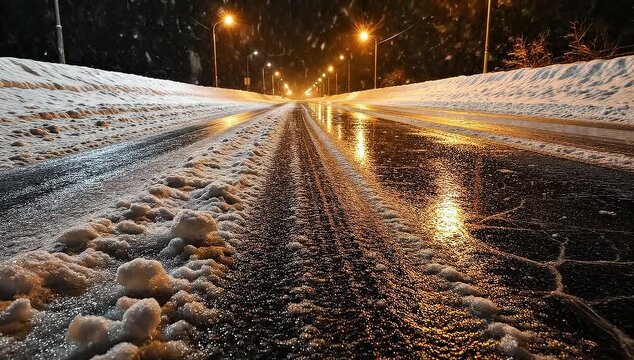 A wet and icy road at night during heavy snowfall