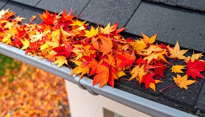 Autumn leaves filling a house gutter, seasonal cleaning task