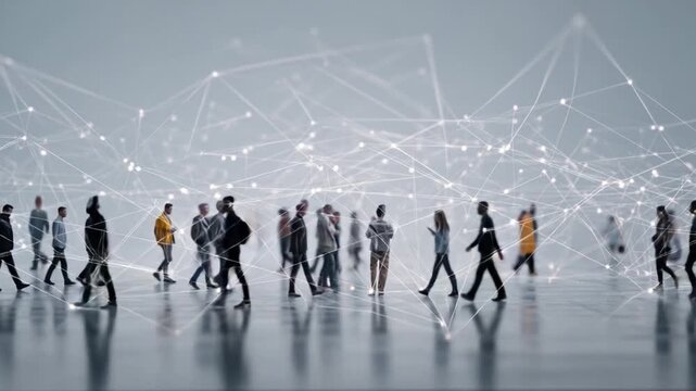 Connected Community: A multitude of individuals move across a reflective surface, interconnected by a digital web, symbolizing the essence of global networking and collaboration.