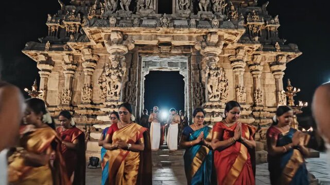 Cinematic shot of devotional women in colorful saris performing namaste at a grand hindu temple at night.