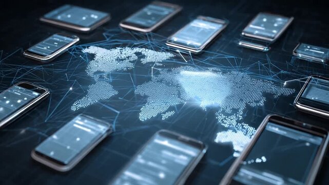 Global Connection: Sleek smartphones surround a digital map of the world, symbolizing interconnected communication and the reach of technology.
