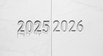New year numbers 2025 2026 on white marble background with melting effect