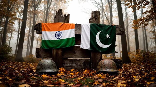 Flags of India and Pakistan adorn rustic wood alongside military helmets in an autumn forest with warm tones and fallen leaves. A conceptual image.