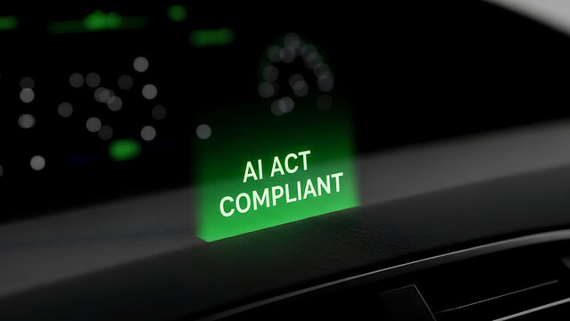 AI ACT COMPLIANT label glowing green on a vehicle dashboard indicating regulatory adherence for autonomous systems