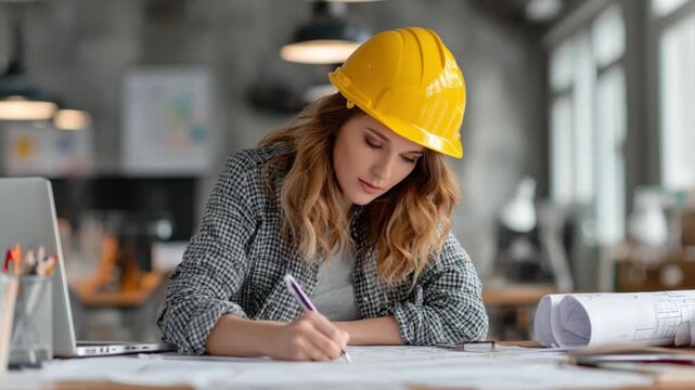 Blueprint Harmony: A skilled female architect, adorned in a yellow construction helmet, meticulously drafts plans. Capturing focus and dedication in an indoor office setting.